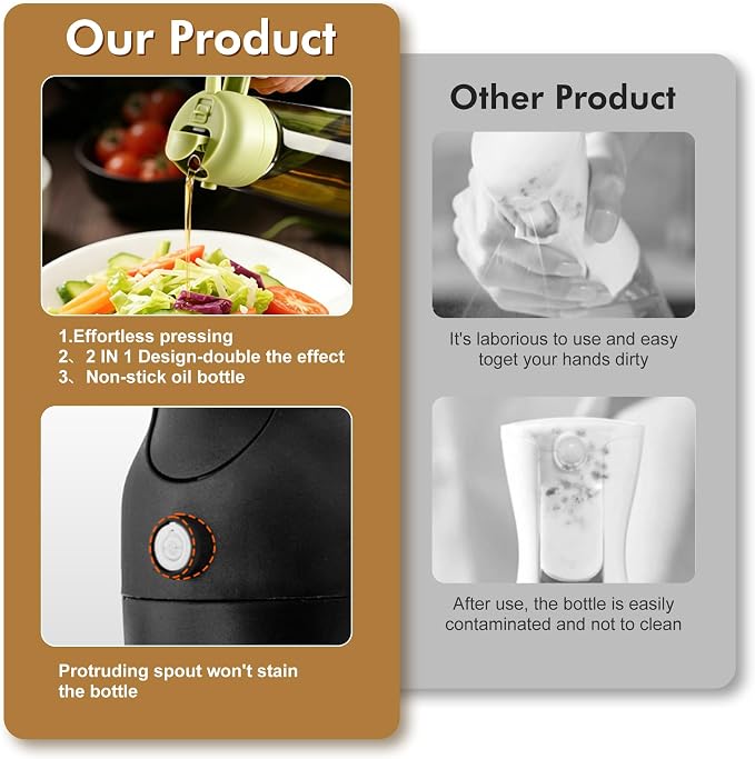 Poshetion 2 in 1 Olive Oil Sprayer for Cooking, 16oz Light-Proof Oil Dispenser for Kitchen, Leak-Proof Oil Spray Bottle for Air Fryer, Salad, BBQ, Baking, Grilling - Black