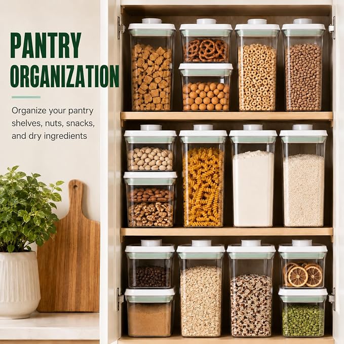 12 Pcs Pop Airtight Food Storage Containers with Lids Stackable Containers for Kitchen Pantry Organization Ideal for Cereal Snacks Flour Sugar Coffee and Spaghetti, 3.4Qt, 2.8Qt, 2.1Qt, 1.2Qt