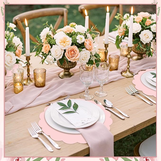 60 Pcs Light Pink Paper Placemats, 13.5 Inch Disposable Scalloped Placemat | Round Table Place Mats Decorative Paper for Girls Birthday Wedding Bridal Shower Baby Shower Banquet Tea Party