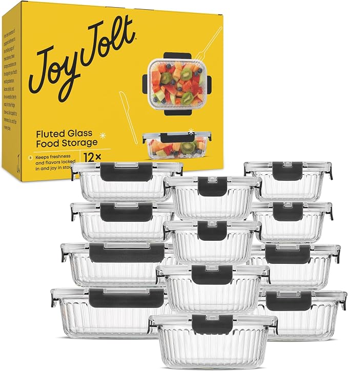 JoyJolt 24pc Borosilicate Glass Storage Containers with Lids | 12 Airtight/Freezer Safe Food Storage Containers for Pantry and Kitchen | Meal Prep Container for Lunch | Glass Tupperware Set