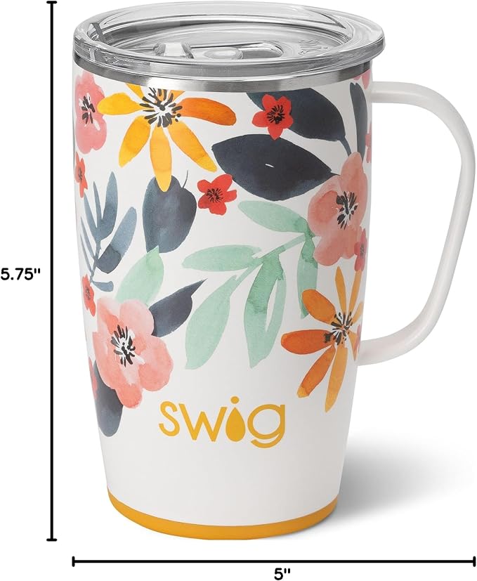 Swig Life 18oz Insulated Travel Mug with Handle & Lid, Honey Meadow | Triple Insulated Stainless Steel - Handle & Lid Included - Keeps Coffee Hot or Cold - Cup Holder Friendly