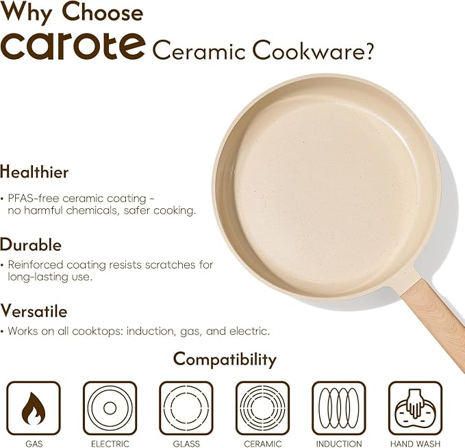 CAROTE 8" Frying Pan Set, Ceramic Frying Pan, Non-Toxic PTFE & PFOA Free Fry Pan & Omelet Pan, Compatible with Induction, Gas Cooktops