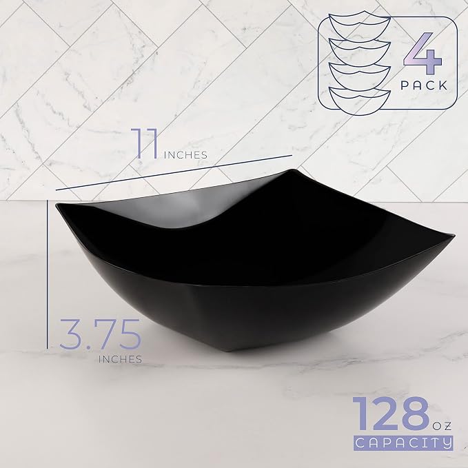 PLASTICPRO Disposable Square Serving Bowls, Party Snack or Salad Bowl, Plastic Black Pack of 4 128 OUNCE, Black