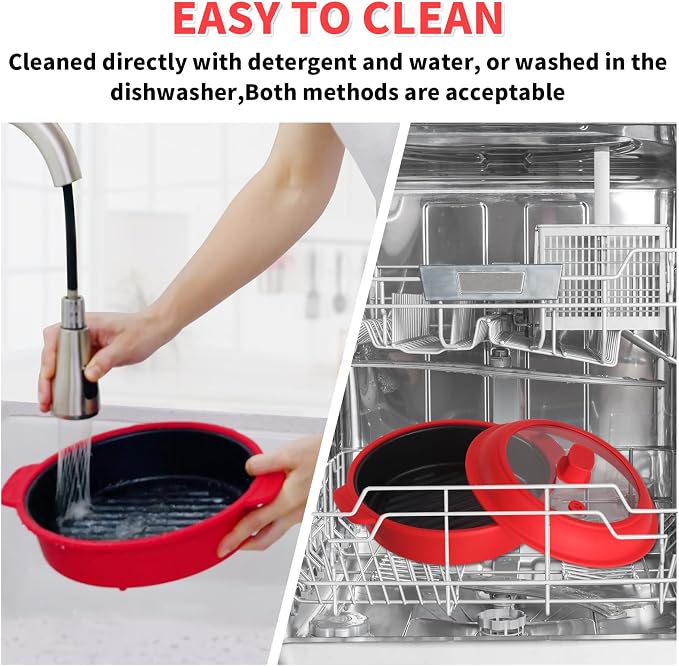 GLOU-GLOU GOOSE GGG Microwave Grill Pan, Fry Griddle Crisper Pan with Lid for Grilling Browning and Crisping Foods Microwave Silicone Cookware for Meat Sandwich Vegetable Red