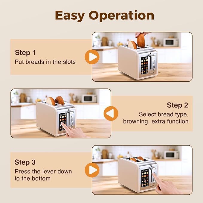 2 Slice Touch Screen Toaster Stainless Steel Wide Slot with Single-slice Mode, Digital Touchscreen, Reheat & Defrost, Toasted Bagel & Bread for Family Breakfast, Removable Crumb Tray, Cream Color