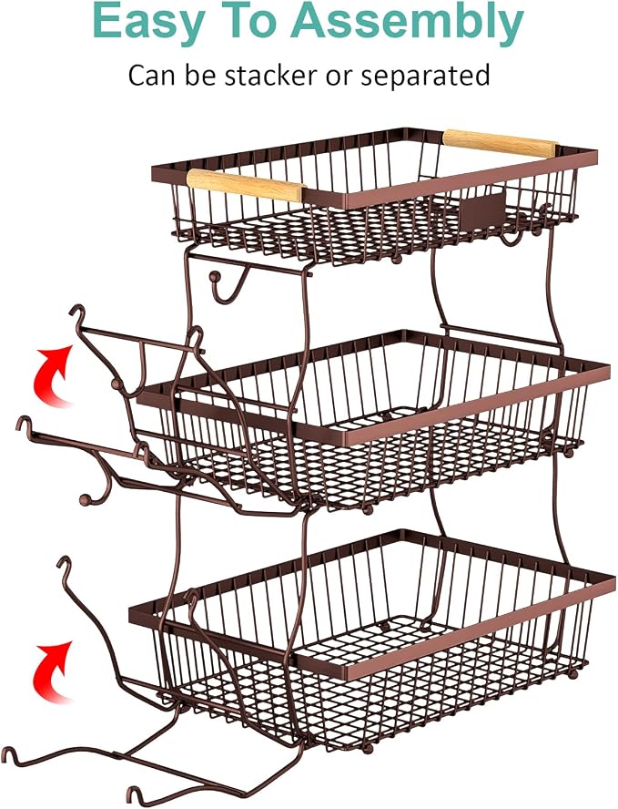 3 Tier Fruit Basket for Kitchen Counter with 2 Banana Hangers, Countertop Metal Fruit Bowl with Wooden Handle, Large Storage Stand for Vegetables, Snacks, Breads, Produce Storage – Brown