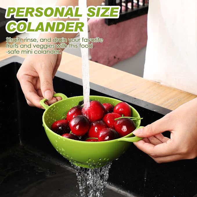 4 Pack Mini Colander for Kitchen Plastic Berry Strainer with Double Handles 7.5 x 6 x 3 Inch Small Colander Strainer for Fruits Vegetables Food (Lemon Yellow,Green,Purple,Red)