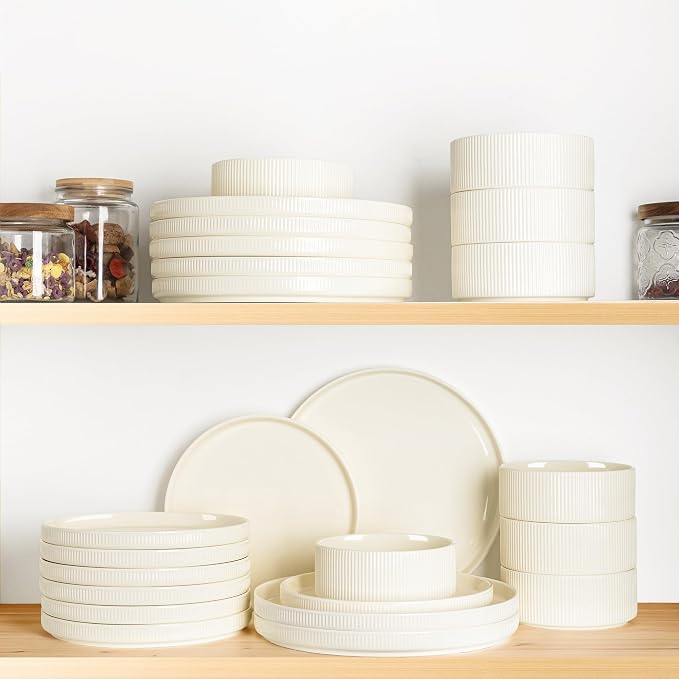 Ceramic Dinnerware Set for 8, 24-Piece Plates and Bowls Set | Lightweight Porcelain Dish Set, Scratch Resistant, Oven & Microwave & Dishwasher Safe, Beige