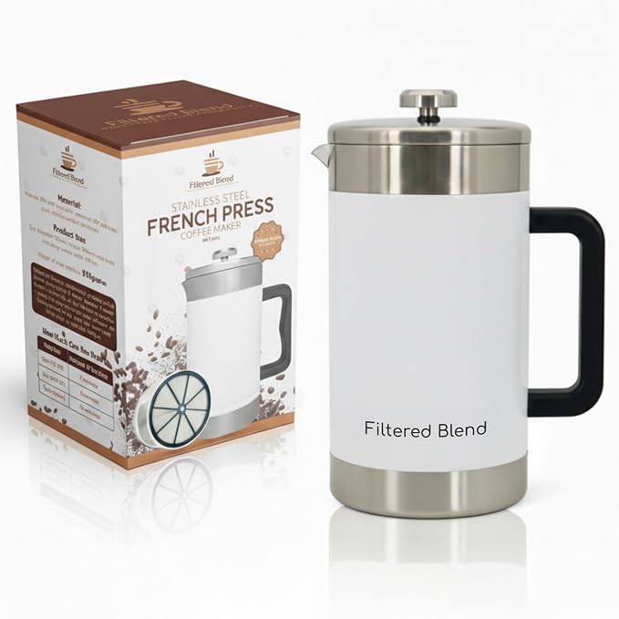 54 oz French Press Coffee Maker, Stainless Steel, Double Filter, White | French Press Coffee Maker, Stainless Steel, Double Mesh Filter, Hot & Cold Brewer, Travel Friendly Gift, White