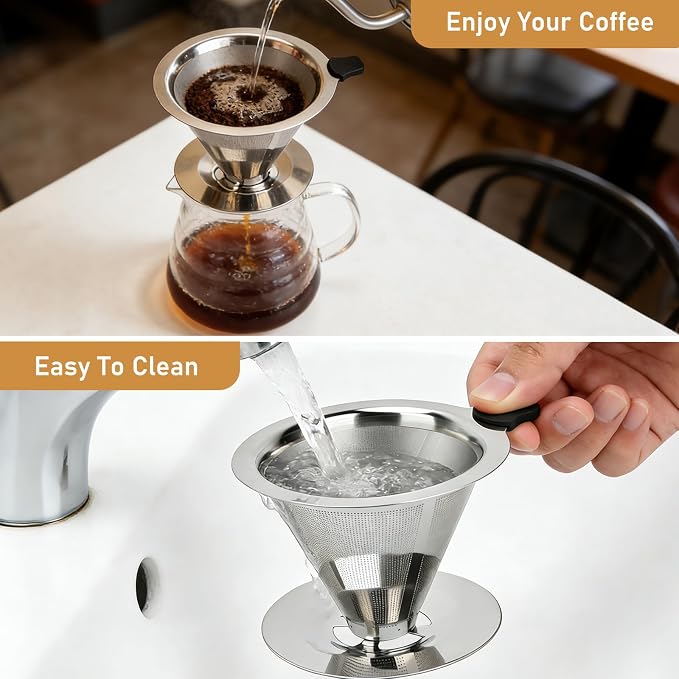 Pour Over Coffee Dripper, Reusable Cone Stainless Steel Coffee Filter, Double Layer Fine Mesh Paperless Coffee Maker with Coffee Spoon and Cleaning Brush for 2–3 Cups