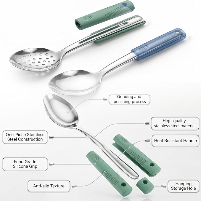 Serving Spoon Set with Silicone Handles,2-Piece spoon | Stainless Steel Serving Spoon, Slotted Spoon & Soup Ladle Set for Buffet and Home Kitchen
