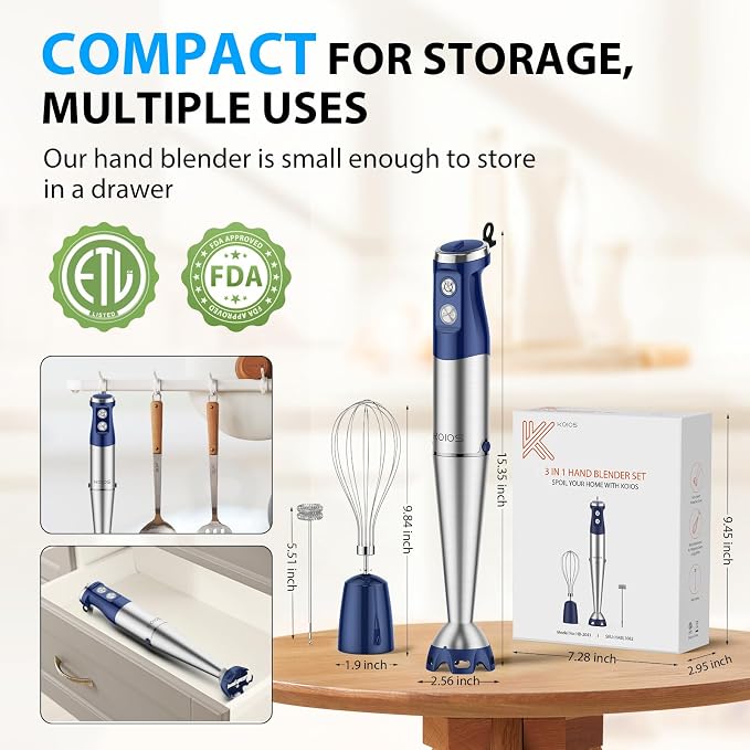 KOIOS Immersion Blender, 1000W Anti-scratch 3-in-1 Hand Blender, Upgraded 12 Speed Stainless Steel Blade Stick Blender with Turbo Mode, Whisk and Milk Frother, Non-BPA, Blue