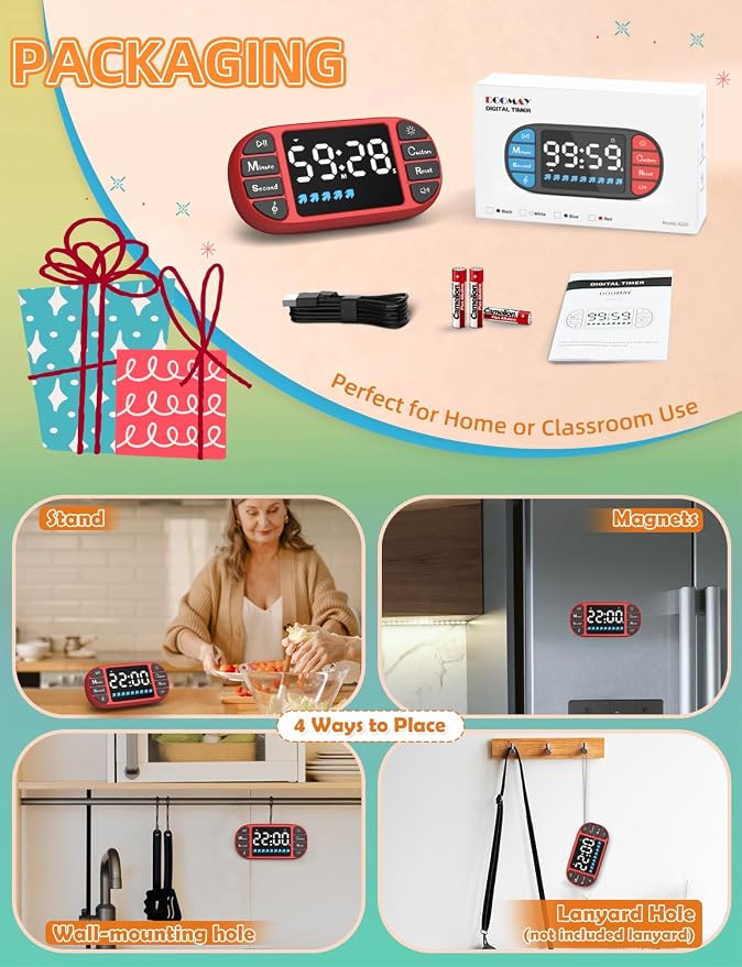 Digital Kitchen Visual Timer: 3.6'' Large LED Display, Magnetic, 3 Brightness, 4 Alarms and Volume, Memory Function, Countdown Count up for Cooking, Classroom, Home Gym, AAA Battery Included