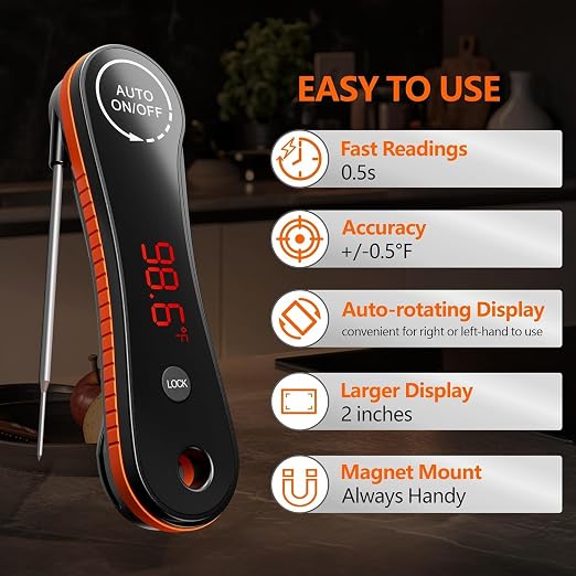 Paysean Meat Thermometer Digital Instant Read IP67 Waterproof for Cooking | Accurate Temperature Auto Rotating Backlit Display Ease Of Use for Grilling, BBQ, Candy