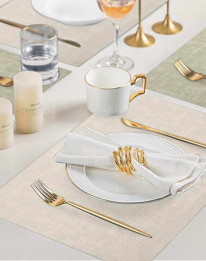Leather Placemats Table Mats Set of 6, Light Green & Beige | Reversible Non-Slip Table Placemats, Heat-Resistant and Waterproof for Dining Kitchen and Holiday Parties