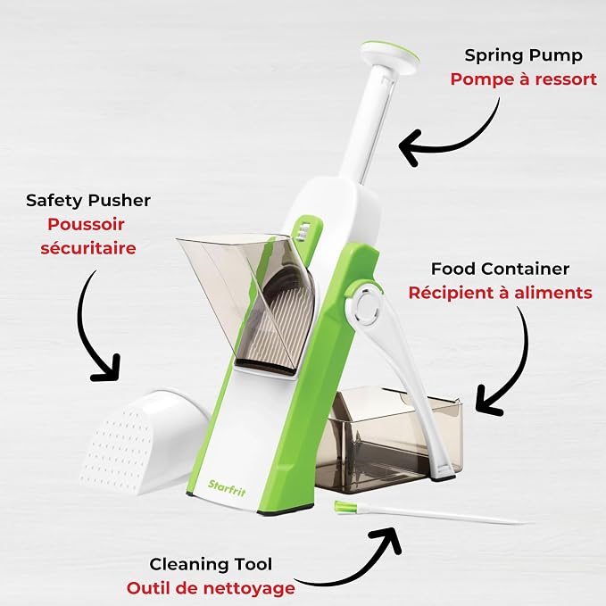 Starfrit Pump'n'Slice Vertical Mandoline, Food Slicer & Chopper, Safe | Safe enclosed blades. Adjustable slicing. Julienne & dice. Ideal for fruits & vegetables. Folds for storage.