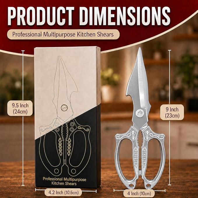 Silver Kitchen Shears Heavy Duty Stainless Steel, Multipurpose Cooking Scissors for Meat, Chicken, Poultry & Vegetables, Sharp Food Scissors for Kitchen Use