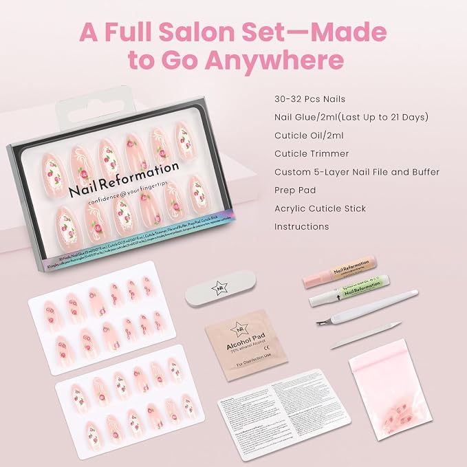 Nail Reformation Press On Nails, Pink Roses Medium Almond Fake Nails 30 Pcs | 15 Sizes with Lace & Pearl on Nude Base in Glossy Finish, Reusable Stick On Nails, False Nail Kit, Manicure Gifts for Women