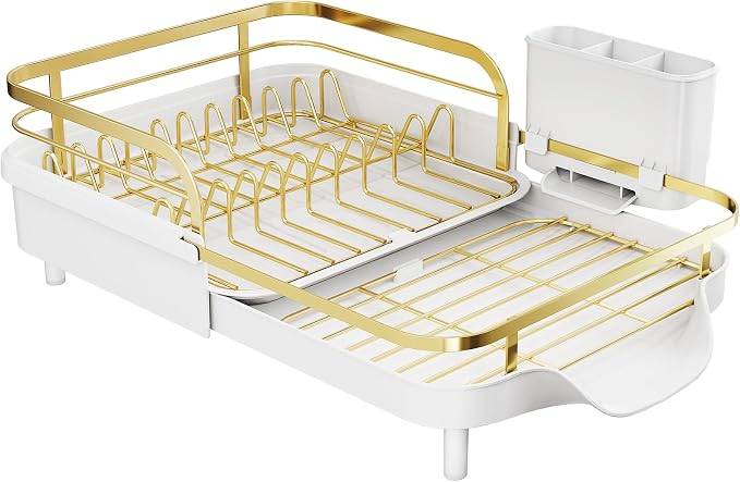SAYZH Expandable Dish Drying Rack for Small Kitchen Counter, Gold | Stainless Steel, Protective Guardrail, Angled Drainboard, Fits High-Rim Sinks, Removable Utensil Holder