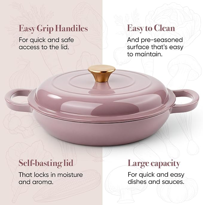 3 Quart Enameled Cast Iron Braiser, Non Stick Enameled Cast Iron Skillet with Lid, Dutch Oven Skillet with lid up to 500°F for Oven, Stove, Grill, Shallow Dutch Oven for Cook, Bake (Pink)