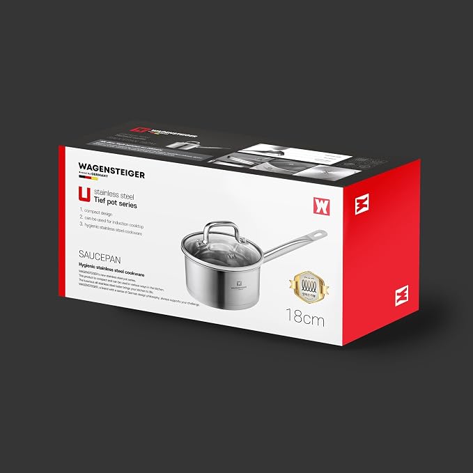 WAGENSTEIGER 2.23 Quarts 3-Ply Stainless Steel Saucepan with Aluminum Core, Tempered Glass Lid, Compatible with All Cooktops, Quick & Even Heating, Rust & Corrosion Resistant (6.89" Diameter)