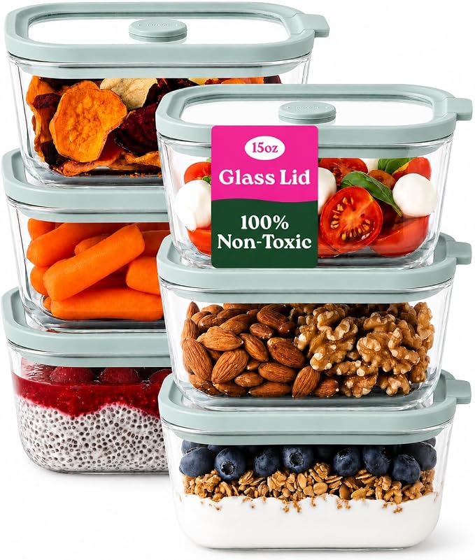 6 Pack Non-Toxic Glass Storage Containers with Glass Lids –15 Oz Borosilicate Small Glass Meal Prep Containers for Lunch, Airtight Food Storage, Microwave & Freezer Safe-Plastic Free (Sage Green)