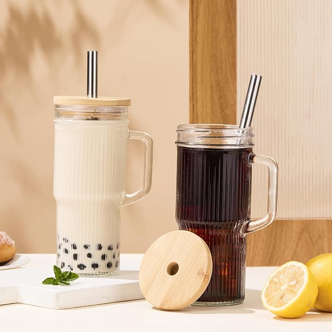 JunVpic Glass Tumbler, 24 oz Ice Coffee Cups with Bamboo Lid and Handle | Stainless steel straws and cleaning brushes, Ribbed design for iced coffee, smoothies, tea and daily drinks