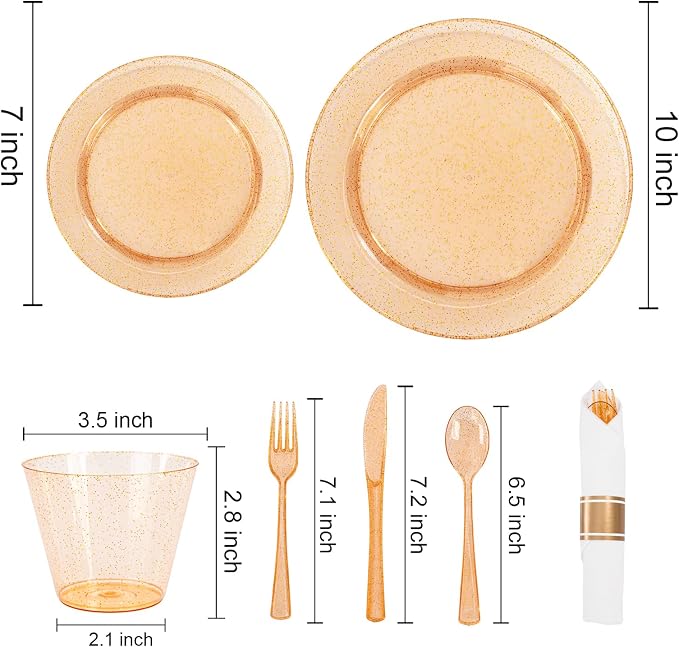 DaYammi 210PCS Orange Glitter Plastic Dinnerware Set for 30 Guests, Fancy Disposable Plates for Party, Include: 30 Dinner Plates, 30 Dessert Plates, 30 Pre Rolled Napkins with Silverware, 30 Cups