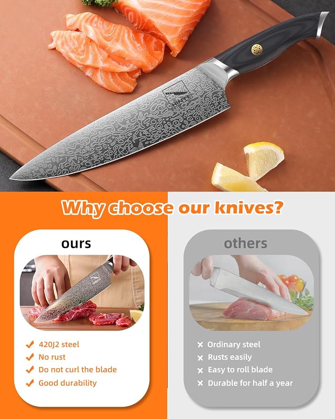 8" High Carbon Stainless Steel Kitchen Chef Knife, Blackwood Handle, Textured Anti-Stick Blade, Rustproof & Dishwasher Safe, Effortless Chopping, Premium Gift Box