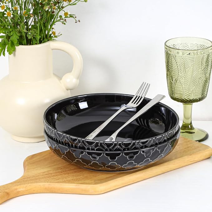Sureasy 9.7inch Pasta Bowls Set of 4, 42oz Large Salad Bowls for Kitchen, Embossed Ceramic Serving Bowls for Fruits, Soup, Pasta and Salad, Microwave & Dishwasher Safe, Black