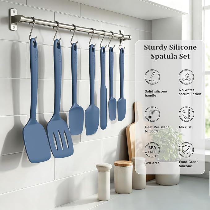 Coukre Silicone Spatula Set of 7, BPA Free Food Grade Silicone Cooking Utensils, Heat Resistant Kitchen Tools for Nonstick Cookware, Dishwasher Safe Spatulas for Cooking and Baking(7,PureDarkBlue)