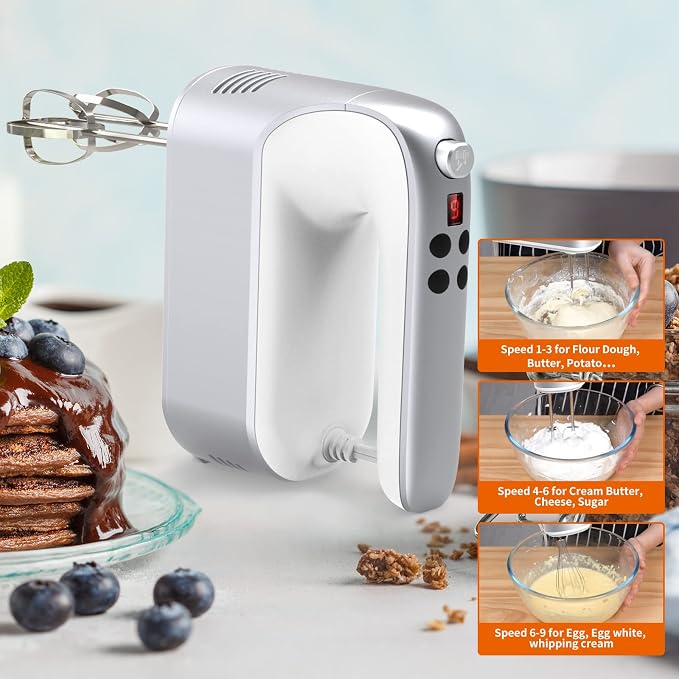 Yomelo 9-Speed Digital Hand Mixer Electric, 400W Powerful DC Motor, Hand Mixer Electric Handheld with Snap-On Storage Case, 5 Stainless Steel Accessories, Beaters, Dough Hooks, Whisk(Silvery White)