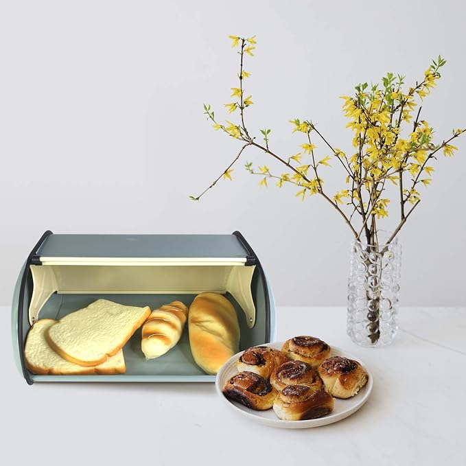 SOTECH Metal Bread Box Roll Top Vintage Breadbox for Kitchen Countertop Retro Bread Bin Holder Counter Farmhouse Bread Storage Container Blue