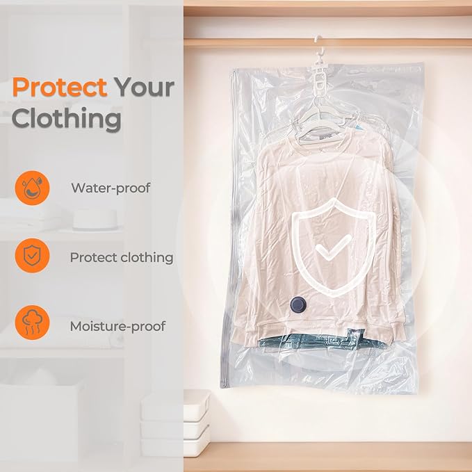 Vacbird Hanging Vacuum Storage Bags for Clothing 8 Pack Hanging Vacuum Seal Bags for Clothing Suit Bags Closet Storage, Hanging Plastic Clothes Cover for Coat, Dress, Fur, Shirt