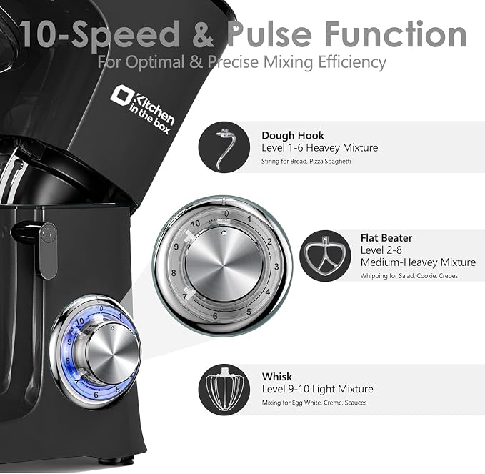 Kitchen in the box Stand Mixer 8.5 QT, 900 Watt Heavy Dough Mixer (Black) | 10 Speed Adjustable, 8.5 Quart Mixing Bowl with Handle, Tilt-head, Whisk, Flat Beater and Splash Guard