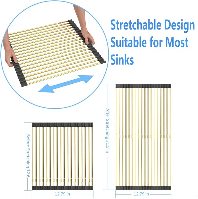 Large Expandable Roll Up Dish Drying Rack, Heat-Resistant Dish Drainer for Stainless Steel Sinks, Over The Sink Non-Slip Silicone Rollable Dish Drainer Roll Rack 18 Tube Gray Silicone & Gold Tube