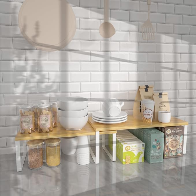NEX Kitchen Cabinet and Counter Shelf Organizer, Stackable & Expandable, Set of 4, White and Natural - 7.7 x 15.6 x 6.2'' | Stackable Expandable Spice Rack, Space-Saving Pantry Organizers Bathroom Countertop Storage, White and Natural