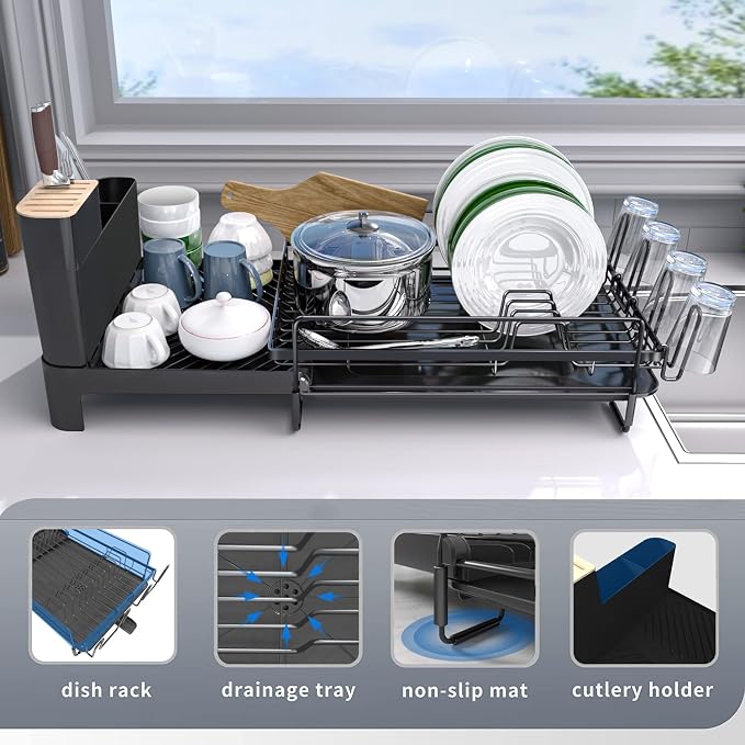 Runnatal Large Dish Drying Rack Stainless Steel Sink for Kitchen | Extendable Dish Rack Used in Sink & Kitchen Counter, with Drainboard Set & Utensil Holder & Cup Holder 20.5"-27.6"L x 12.6"W