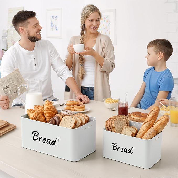 Metal Bread Box Set of 2 with Bamboo Lid, Modern Bread Storage Containers with Air Vents, Bamboo Cutting Board Lid, Farmhouse Kitchen Decor Organizer for Countertop, 2-Size (Large & Small)White