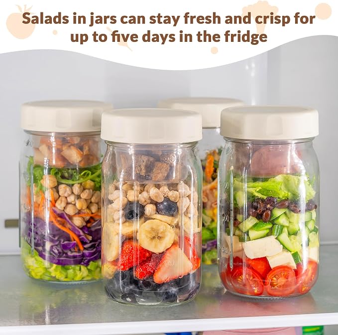 SOLIGT 4 Pack Glass Salad Jars with Lids Meal Prep, Leakproof Container for Lunch, Two Small Built-in Boxes with Wet/Dry Separation for Salad Dressing and Dry Ingredients, 32oz Mason Jars | 4 Apricot White Lids, Leakproof, Two Small Built-in Cups for S...