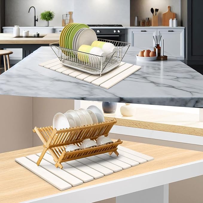 Large Stone Dish Drying Mat for Kitchen Counter, Quick Dry Dish Drying Mats, Foldable Absorbent Diatomaceous Earth Mats for Plate Rack Bottles Cups, Match Any Countertop (White 24"×16" & 8"x4")