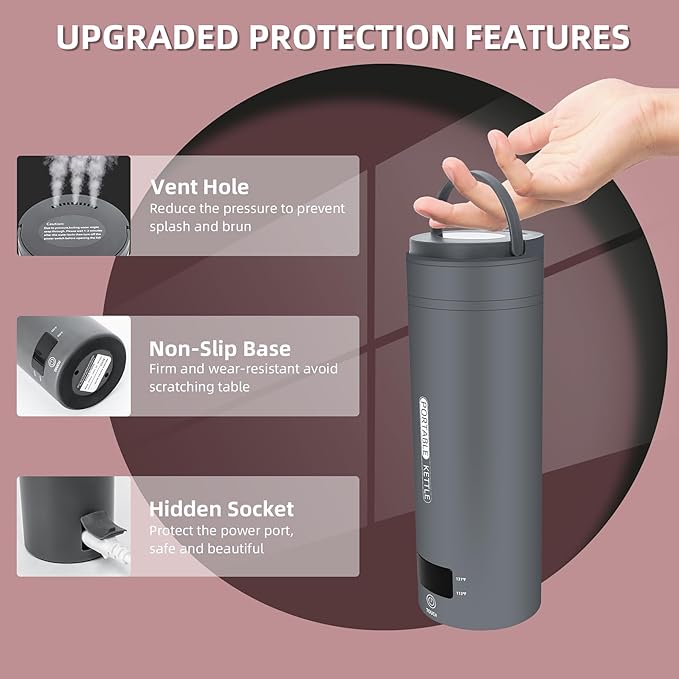 QRAGJBM Portable Electric Kettle Travel, 120V, 450ml, 4 Temperature Control | 304 Stainless Steel Lining, Auto Shut-Off, Boil Dry Protection, BPA-Free, Lightweight, For Hotel and Office(Grey)