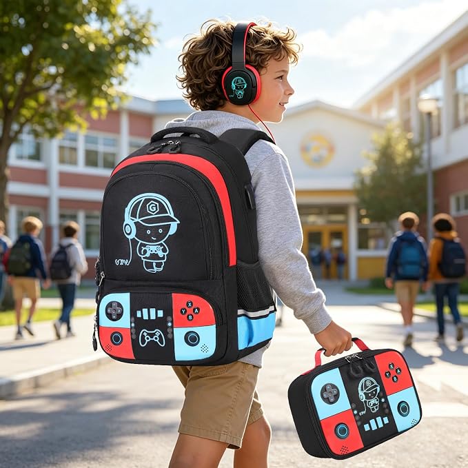 Backpack for School Boys, Cool Luminous Gamer Boys Schoolbag | with Lunch Box & Pencil Case Set for Kids Teens Elementary Middle School, Bookbag Glow In The Dark