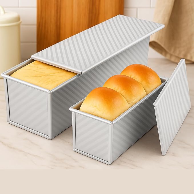 2-pack Pullman Loaf Pan with Lid (13x5 & 8.4x4.8 inch) - Nonstick Aluminum Steel Bread Pan Set, Vented Bottom for Even baking, PFOA & PTFE free, for Sandwich Bread, Sourdough, Toast & Shokupan