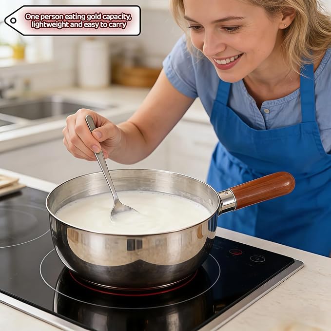 800ml/27oz Wood Handle Saucepan - 316 Stainless Steel, Multi-Use Induction Compatible Pan for Milk, Soup, Oatmeal, Camping & Small Kitchen