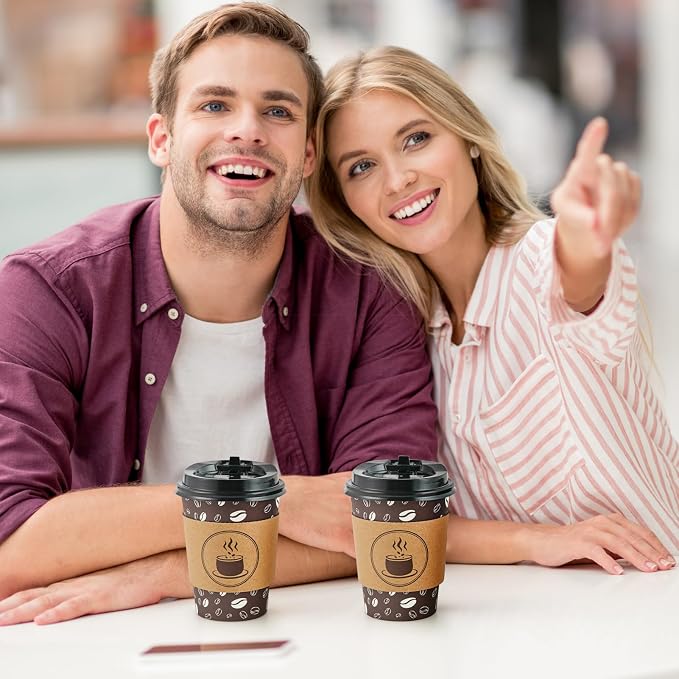 JOLLY PARTY Disposable Coffee Cups with Lids, Sleeves and Straws - 12oz(100 Pack) Paper Coffee Cups with Lids, Hot Cup for Shops, Cafes, and Concession Stands(Dark Brown)