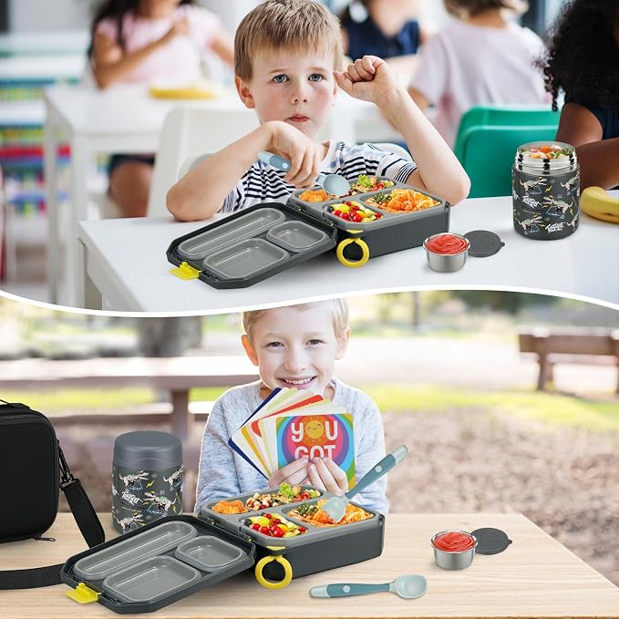 wiwens Bento Lunch Box for Kids with 12oz Soup Thermo Leak-Proof Lunch Food Container with 5 Compartment Thermo Hot Food Jar and Insulated Lunch Bag for Kid Toddler Girls Boys to School