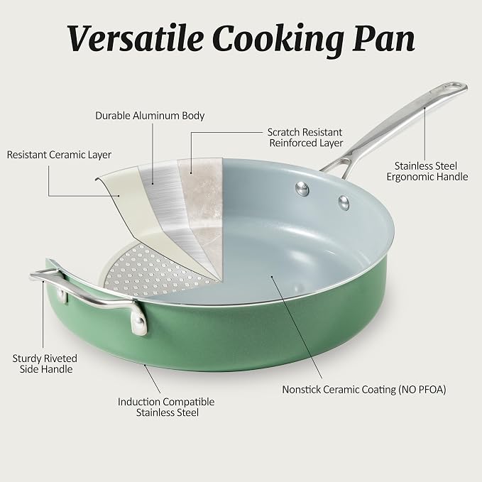 Nonstick Sauté Pan with Lid 5 QT Deep Frying Pan with Stainless Steel Handle 12 inch Large Skillet Ceramic Jumbo Cooker for Cooking Induction Compatible Frying Pan, Green