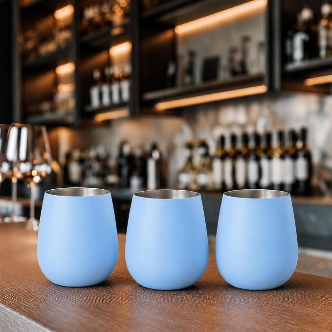 K&K Home Stainless Steel Unbreakable Stemless Wine Glasses - 15 oz - Set of 4 Colored, Stemless Metal Wine Glasses Perfect for Outdoors, Weddings, and Parties (Matte Blue)