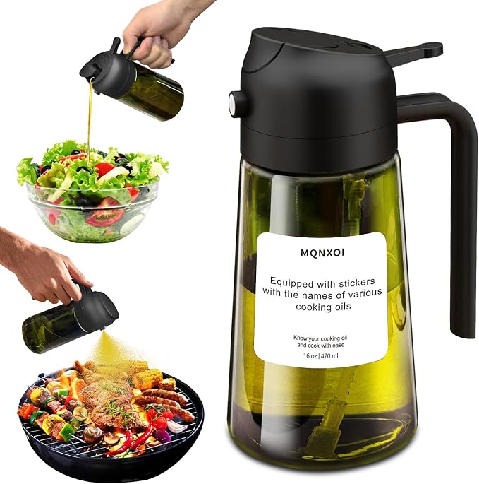 Olive Oil Sprayer for Cooking, 16oz Glass 2 in 1 Oil Dispenser Bottle | Light Blocking, BPA-Free Food Grade, Fine Mist Precise Control, Air Fryer BBQ Salad, Leakproof Anti-Clog, Pre-Printed Labels